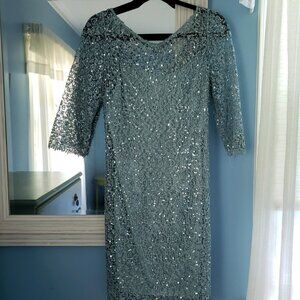 Sequin and lace cocktail dress, in soft aqua